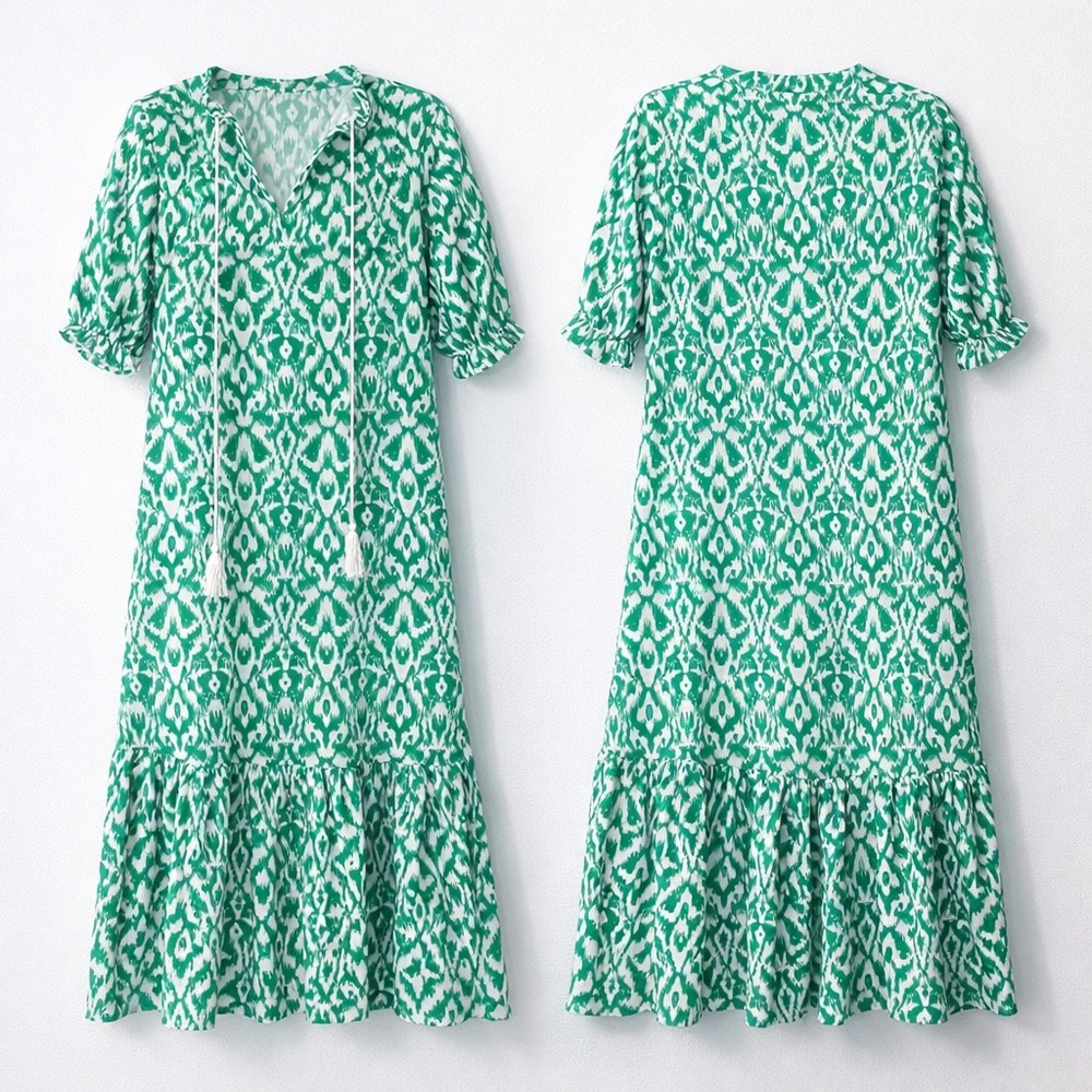 Noracora Green Ikat Midi Dress Tassel Neck Cottagecore‎ Resort S M
